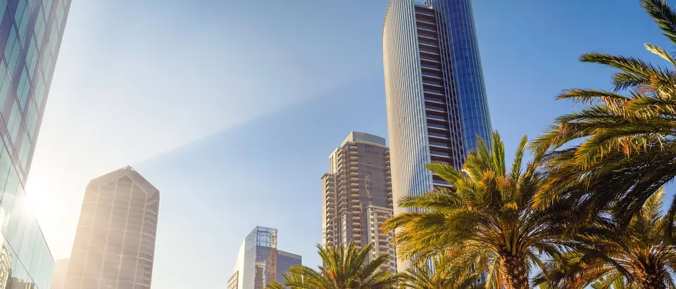 Downtown high-rises and palm trees under a bright blue sky